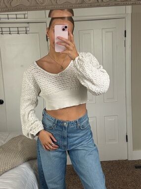 Altar'd State Cream Cropped Open-Knit Balloon Sleeve Top